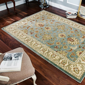 Kendra 45 L Traditional Persian Classic Floral Vine Bordered Durable Easy-Care Low Profile Short Pile Soft Aqua Blue/Duck Egg Green/Muted Teal Green Rug-Melrose-Rug Love - The Most Loved Rug Store